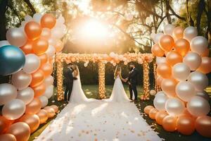 Casamento cerimônia com laranja e branco balões. gerado por IA foto