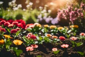 colorida flores dentro a jardim às pôr do sol. gerado por IA foto