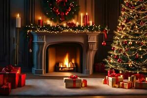 Natal lareira com apresenta e uma Natal árvore. gerado por IA foto