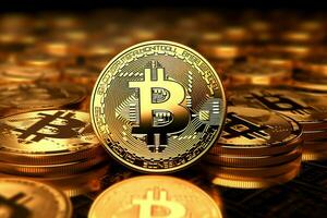 dourado bitcoin digital criptomoeda futurista dinheiro. tecnologia o negócio Internet negociação conceito de ai gerado foto