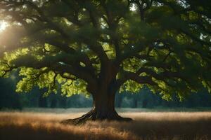 a Sol brilha através a folhas do a carvalho árvore. gerado por IA foto