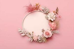 romântico ramalhete do em branco floral Rosa flores com cópia de espaço. natural floral rosa quadro, Armação disposição conceito de ai gerado foto