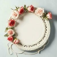 romântico ramalhete do em branco floral Rosa flores com cópia de espaço. natural floral rosa quadro, Armação disposição conceito de ai gerado foto