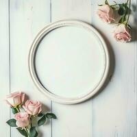 romântico ramalhete do em branco floral Rosa flores com cópia de espaço. natural floral rosa quadro, Armação disposição conceito de ai gerado foto