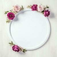 romântico ramalhete do em branco floral Rosa flores com cópia de espaço. natural floral rosa quadro, Armação disposição conceito de ai gerado foto