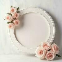 romântico ramalhete do em branco floral Rosa flores com cópia de espaço. natural floral rosa quadro, Armação disposição conceito de ai gerado foto