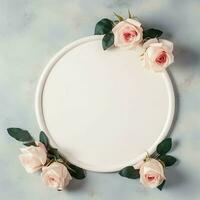 romântico ramalhete do em branco floral Rosa flores com cópia de espaço. natural floral rosa quadro, Armação disposição conceito de ai gerado foto