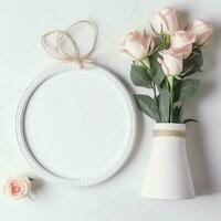 romântico ramalhete do em branco floral Rosa flores com cópia de espaço. natural floral rosa quadro, Armação disposição conceito de ai gerado foto