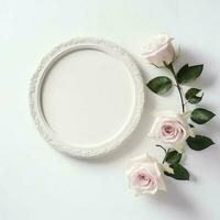 romântico ramalhete do em branco floral Rosa flores com cópia de espaço. natural floral rosa quadro, Armação disposição conceito de ai gerado foto