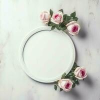 romântico ramalhete do em branco floral Rosa flores com cópia de espaço. natural floral rosa quadro, Armação disposição conceito de ai gerado foto