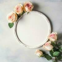 romântico ramalhete do em branco floral Rosa flores com cópia de espaço. natural floral rosa quadro, Armação disposição conceito de ai gerado foto