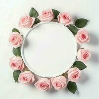 romântico ramalhete do em branco floral Rosa flores com cópia de espaço. natural floral rosa quadro, Armação disposição conceito de ai gerado foto