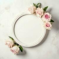 romântico ramalhete do em branco floral Rosa flores com cópia de espaço. natural floral rosa quadro, Armação disposição conceito de ai gerado foto