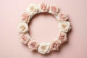 romântico ramalhete do em branco floral Rosa flores com cópia de espaço. natural floral rosa quadro, Armação disposição conceito de ai gerado foto