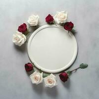 romântico ramalhete do em branco floral Rosa flores com cópia de espaço. natural floral rosa quadro, Armação disposição conceito de ai gerado foto