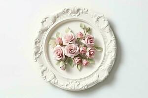 romântico ramalhete do em branco floral Rosa flores com cópia de espaço. natural floral rosa quadro, Armação disposição conceito de ai gerado foto