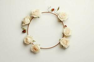 romântico ramalhete do em branco floral Rosa flores com cópia de espaço. natural floral rosa quadro, Armação disposição conceito de ai gerado foto