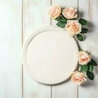 romântico ramalhete do em branco floral Rosa flores com cópia de espaço. natural floral rosa quadro, Armação disposição conceito de ai gerado foto