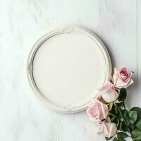 romântico ramalhete do em branco floral Rosa flores com cópia de espaço. natural floral rosa quadro, Armação disposição conceito de ai gerado foto