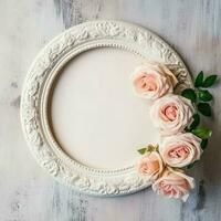 romântico ramalhete do em branco floral Rosa flores com cópia de espaço. natural floral rosa quadro, Armação disposição conceito de ai gerado foto