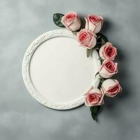 romântico ramalhete do em branco floral Rosa flores com cópia de espaço. natural floral rosa quadro, Armação disposição conceito de ai gerado foto