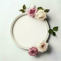 romântico ramalhete do em branco floral Rosa flores com cópia de espaço. natural floral rosa quadro, Armação disposição conceito de ai gerado foto