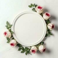 romântico ramalhete do em branco floral Rosa flores com cópia de espaço. natural floral rosa quadro, Armação disposição conceito de ai gerado foto