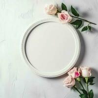 romântico ramalhete do em branco floral Rosa flores com cópia de espaço. natural floral rosa quadro, Armação disposição conceito de ai gerado foto