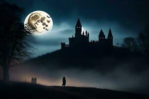 uma castelo dentro a névoa com uma cheio lua. gerado por IA foto