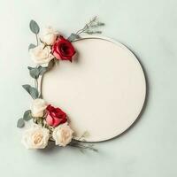 romântico ramalhete do em branco floral Rosa flores com cópia de espaço. natural floral rosa quadro, Armação disposição conceito de ai gerado foto