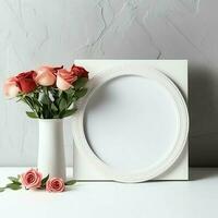 romântico ramalhete do em branco floral Rosa flores com cópia de espaço. natural floral rosa quadro, Armação disposição conceito de ai gerado foto