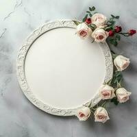 romântico ramalhete do em branco floral Rosa flores com cópia de espaço. natural floral rosa quadro, Armação disposição conceito de ai gerado foto