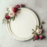 romântico ramalhete do em branco floral Rosa flores com cópia de espaço. natural floral rosa quadro, Armação disposição conceito de ai gerado foto