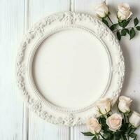 romântico ramalhete do em branco floral Rosa flores com cópia de espaço. natural floral rosa quadro, Armação disposição conceito de ai gerado foto