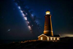 uma farol com uma estrelado céu e uma cometa dentro a fundo. gerado por IA foto