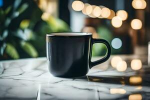 uma Preto café copo sentado em uma mármore mesa. gerado por IA foto