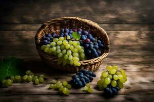 uvas dentro uma cesta em uma de madeira mesa. gerado por IA foto