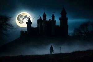 uma castelo dentro a Sombrio com uma cheio lua. gerado por IA foto