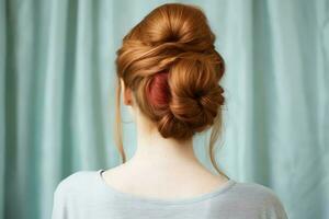 uma lindo noiva com uma pão penteados para grandes cabelo Veja a partir de voltar. uma fêmea Penteado traseiro Visão conceito de ai gerado foto