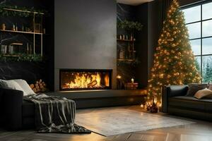 acolhedor vivo quarto com lareira e lindo Natal árvore dentro clássico interior. interior do vivo quarto decorado para alegre Natal com meias, presente caixas e Natal acessórios de ai gerado foto