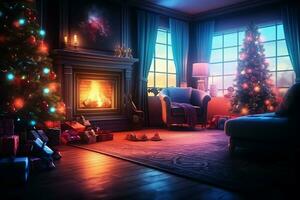 acolhedor vivo quarto com lareira e lindo Natal árvore dentro clássico interior. interior do vivo quarto decorado para alegre Natal com meias, presente caixas e Natal acessórios de ai gerado foto