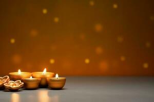 feliz diwali ou deepavali tradicional indiano festival com argila diya óleo lâmpada. indiano hindu festival do luz símbolo com vela e claro. argila diya luminária aceso durante diwali celebração de ai gerado foto