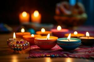 feliz diwali ou deepavali tradicional indiano festival com argila diya óleo lâmpada. indiano hindu festival do luz símbolo com vela e claro. argila diya luminária aceso durante diwali celebração de ai gerado foto