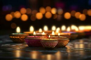 feliz diwali ou deepavali tradicional indiano festival com argila diya óleo lâmpada. indiano hindu festival do luz símbolo com vela e claro. argila diya luminária aceso durante diwali celebração de ai gerado foto