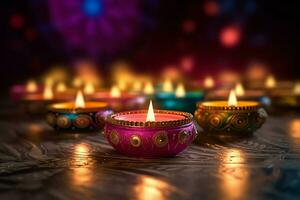 feliz diwali ou deepavali tradicional indiano festival com argila diya óleo lâmpada. indiano hindu festival do luz símbolo com vela e claro. argila diya luminária aceso durante diwali celebração de ai gerado foto