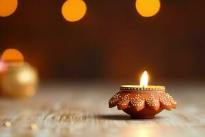 feliz diwali ou deepavali tradicional indiano festival com argila diya óleo lâmpada. indiano hindu festival do luz símbolo com vela e claro. argila diya luminária aceso durante diwali celebração de ai gerado foto