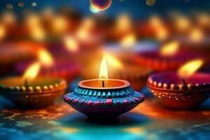 feliz diwali ou deepavali tradicional indiano festival com argila diya óleo lâmpada. indiano hindu festival do luz símbolo com vela e claro. argila diya luminária aceso durante diwali celebração de ai gerado foto