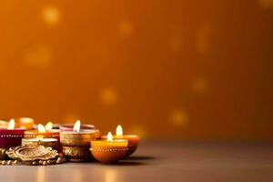 feliz diwali ou deepavali tradicional indiano festival com argila diya óleo lâmpada. indiano hindu festival do luz símbolo com vela e claro. argila diya luminária aceso durante diwali celebração de ai gerado foto