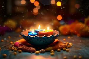 feliz diwali ou deepavali tradicional indiano festival com argila diya óleo lâmpada. indiano hindu festival do luz símbolo com vela e claro. argila diya luminária aceso durante diwali celebração de ai gerado foto