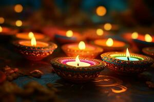 feliz diwali ou deepavali tradicional indiano festival com argila diya óleo lâmpada. indiano hindu festival do luz símbolo com vela e claro. argila diya luminária aceso durante diwali celebração de ai gerado foto